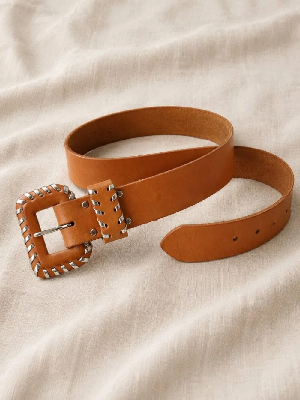 Accessories by Pearl Vintage Leather Whipstitch Wide Belt Tan Medium